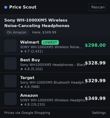 Price Scout popup comparing prices across vendors